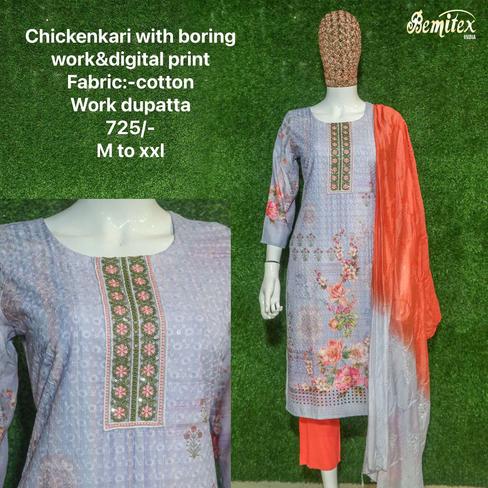 PURE COTTON CHIKANKARI WITH DIGITAL PRINT ORIGNAL MIRROR WORK WHOLESALE KURTI PANT DUPATTA